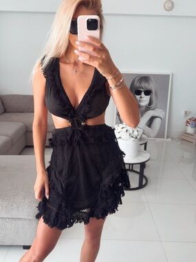 Black Fringe Cutout Mini Dress with Belt Ring